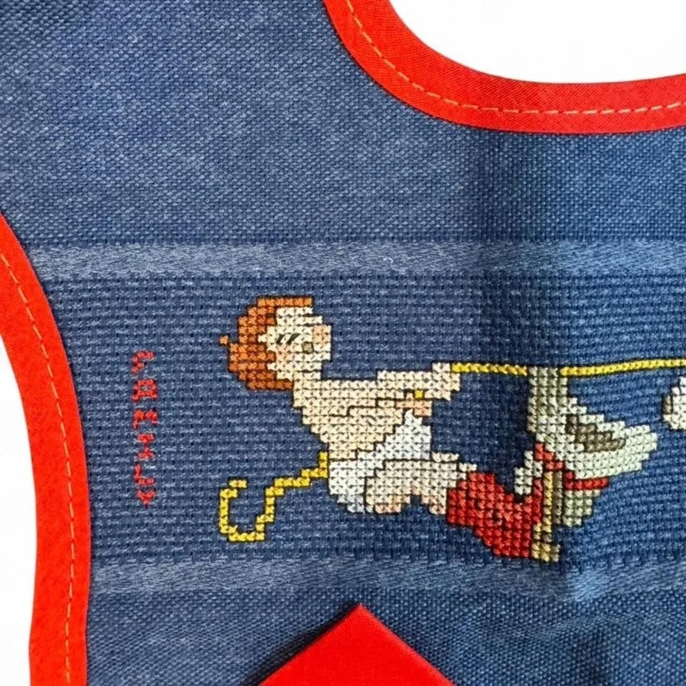 vintage Charles Craft denim cross-stitch baby‎ bib featuring a cowboy and calf